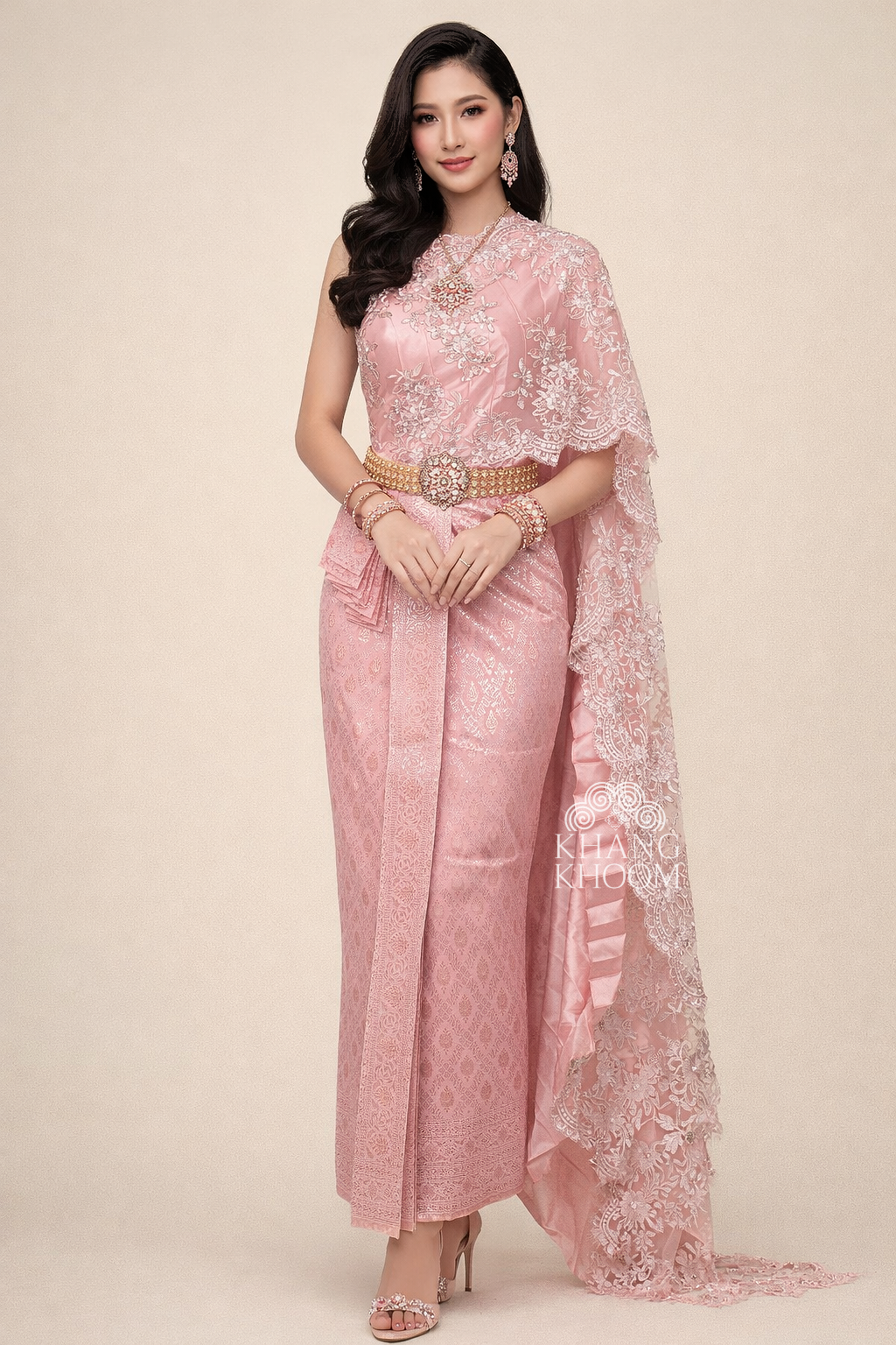 Pink and Silver Thai Women Skirt Set