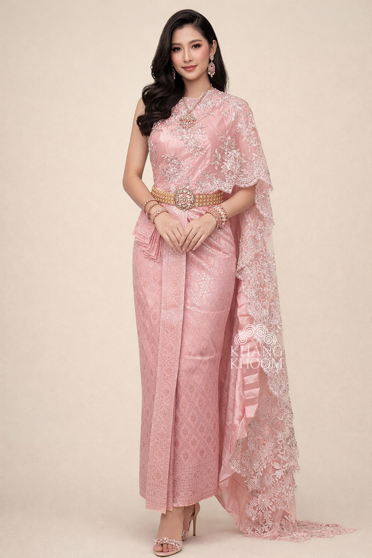 Pink and Silver Thai Women Skirt Set