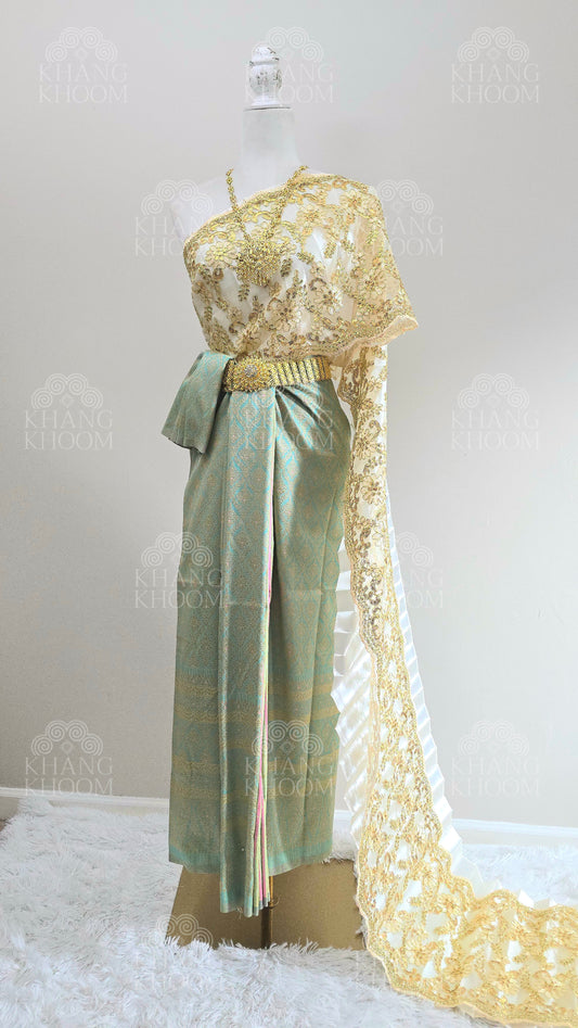 Mint & Cream Thai Traditional Wrap Skirt & Layered Sabai Set