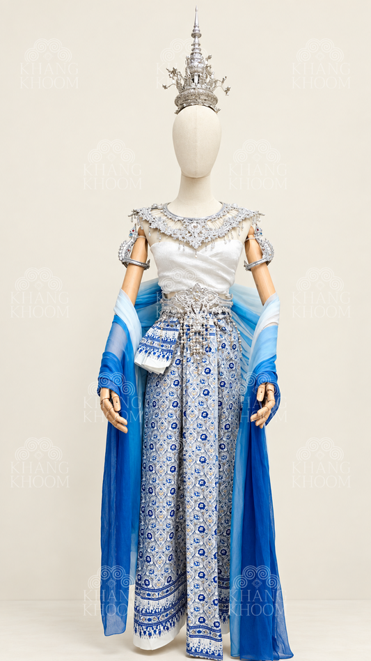 Blue and white Thai Nakee Wrap Clothing Set