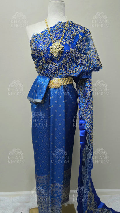 Blue Thai Traditional Wrap Skirt & Layered Sabai Set