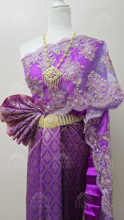 Violet Thai Traditional Wrap Skirt & Layered Sabai Set