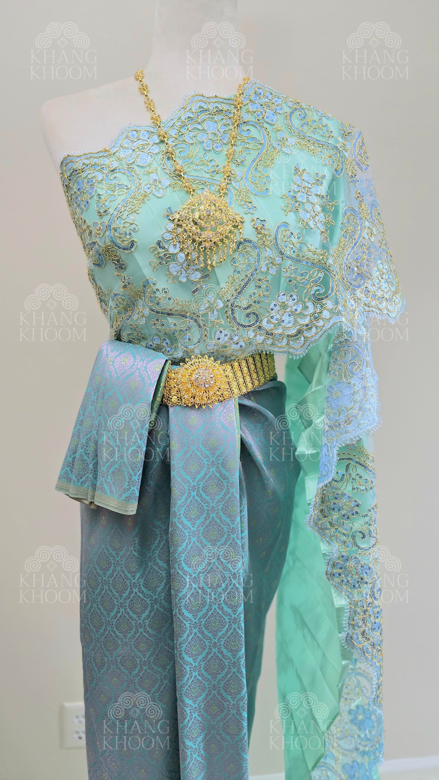 Aqua Turquoise Thai Traditional Wrap Skirt & Layered Sabai Set