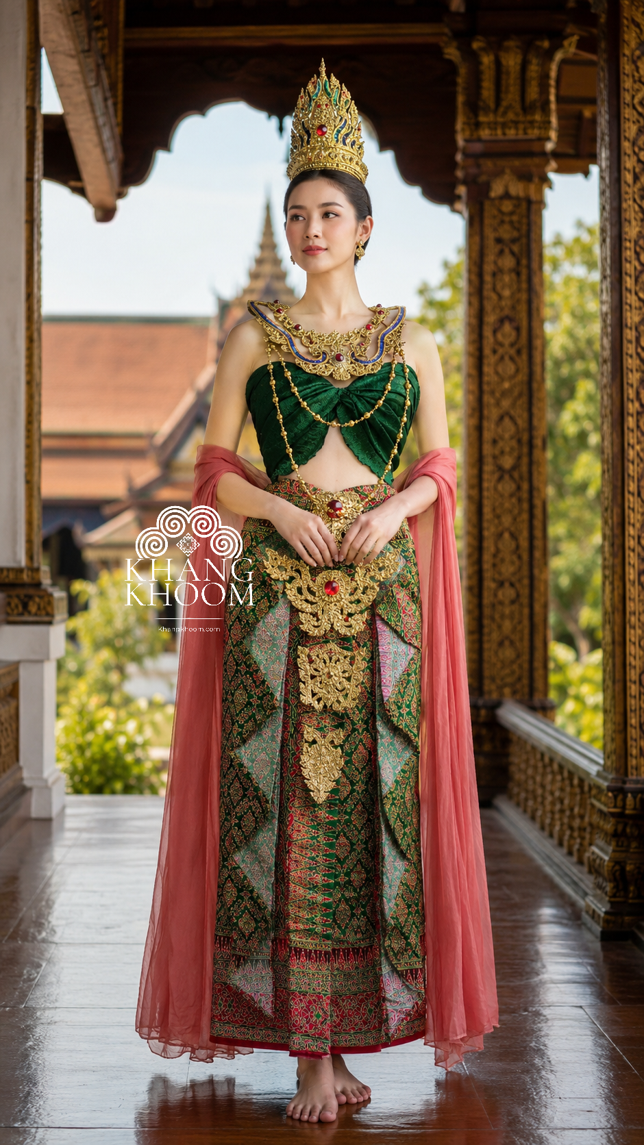 Green & Red Thai Women Skirt Set