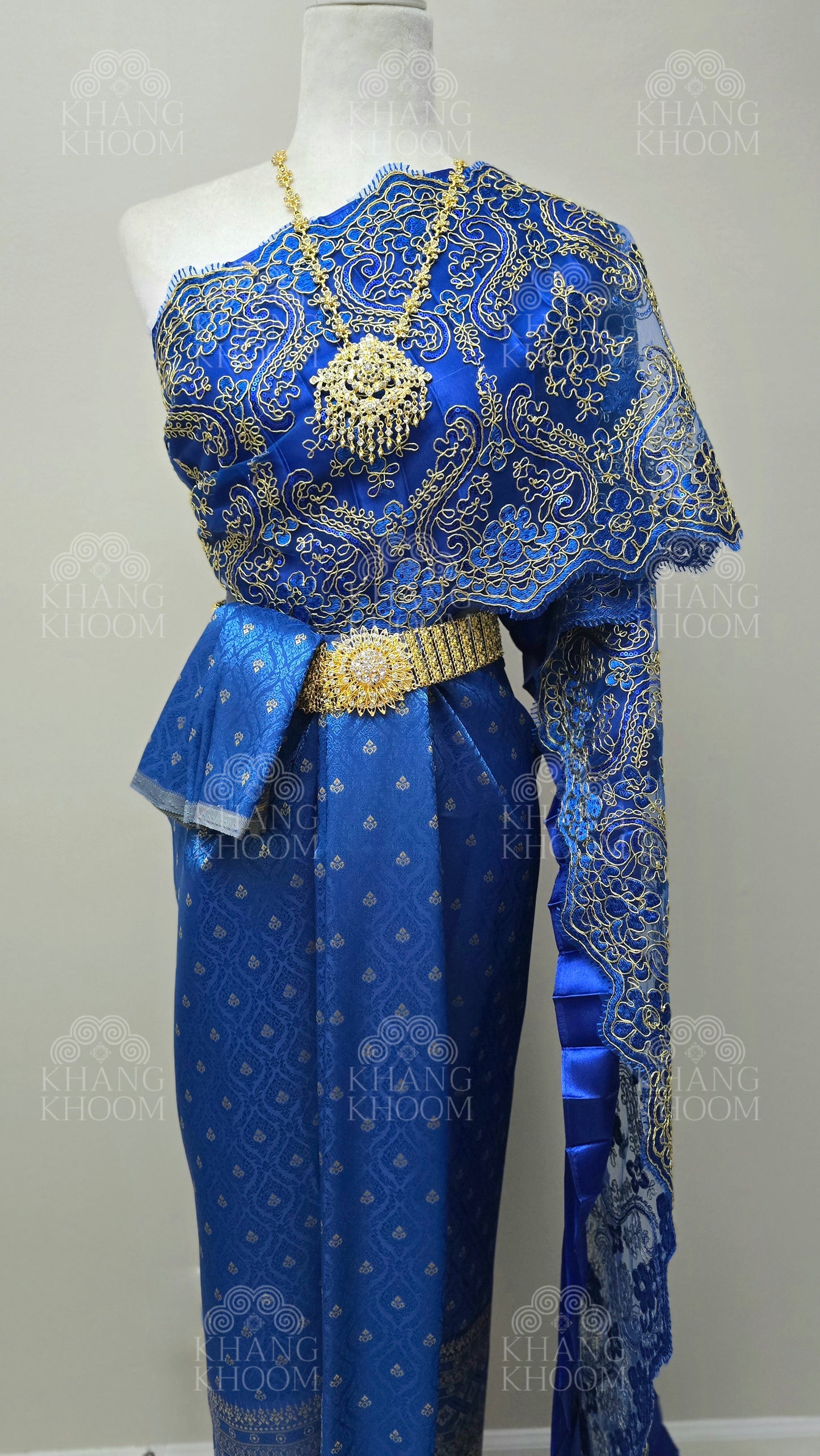 Blue Thai Traditional Wrap Skirt & Layered Sabai Set