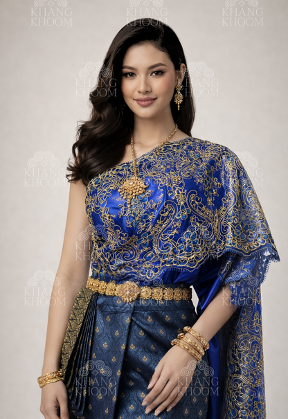 Blue and and Gold Thai Women Skirt Set
