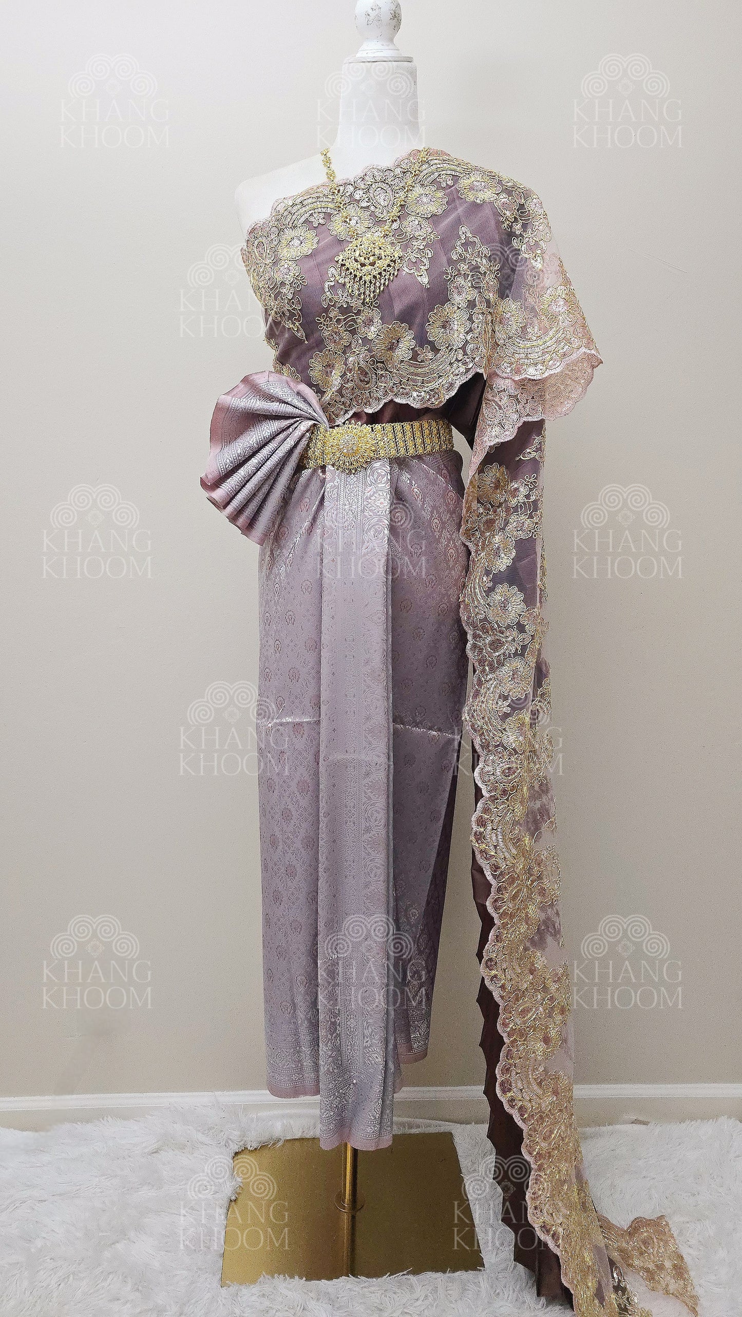 Brown Muave Thai Traditional Wrap Skirt & Layered Sabai Set