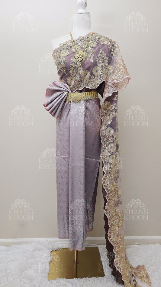 Brown Muave Thai Traditional Wrap Skirt & Layered Sabai Set