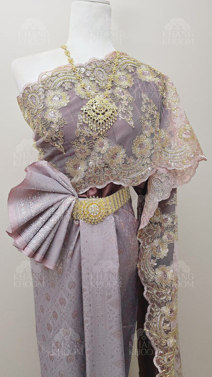 Brown Muave Thai Traditional Wrap Skirt & Layered Sabai Set