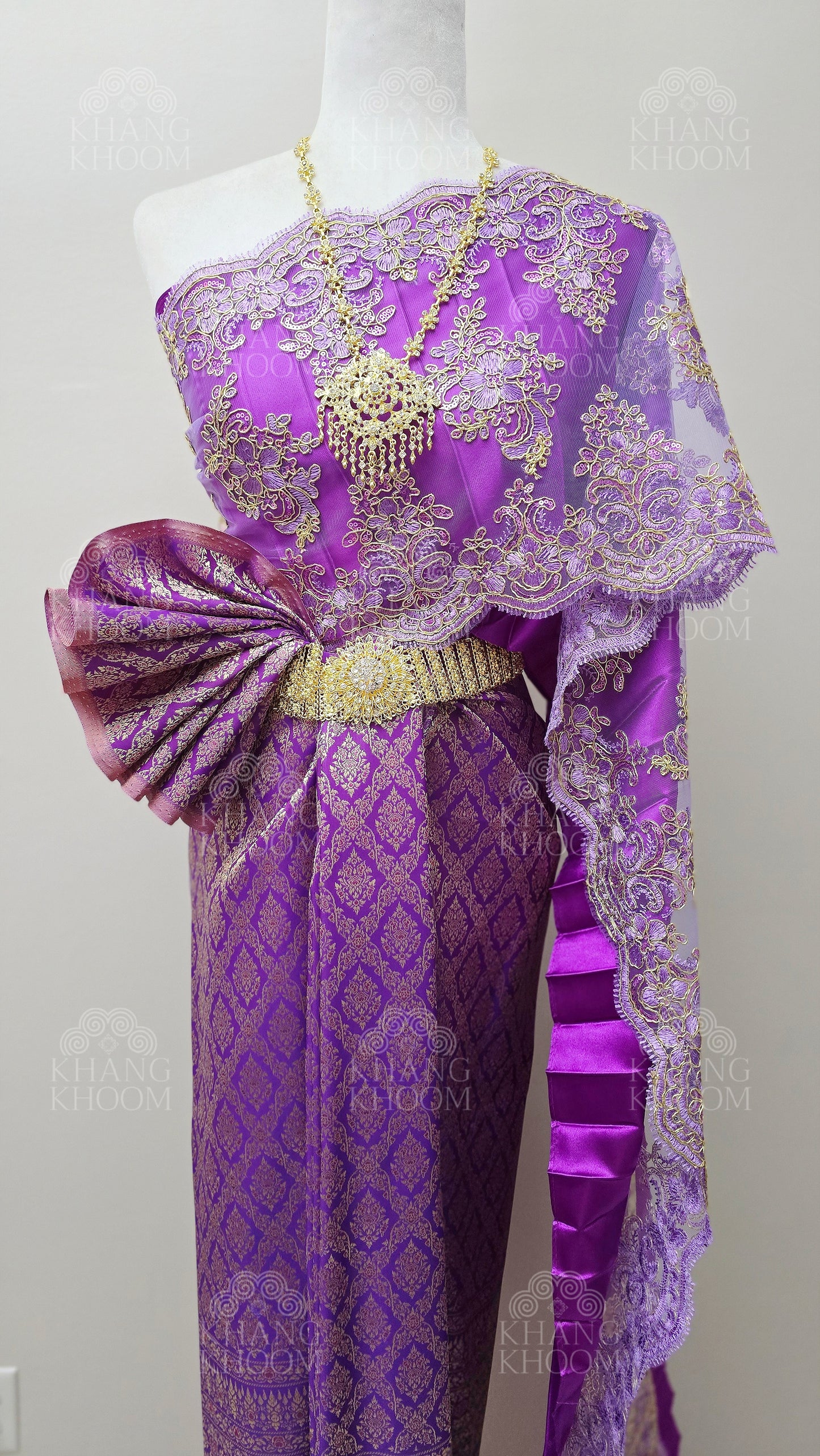 Violet Thai Traditional Wrap Skirt & Layered Sabai Set