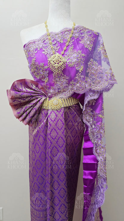 Violet Thai Traditional Wrap Skirt & Layered Sabai Set