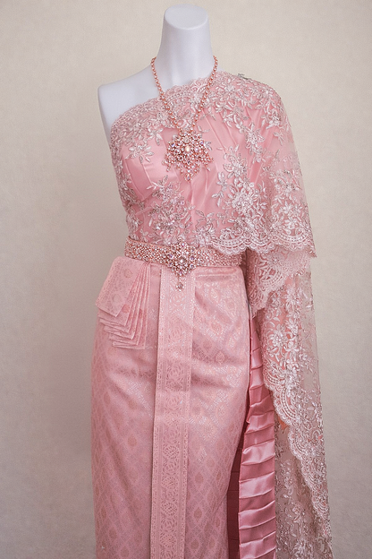 Pink and Silver Thai Women Skirt Set
