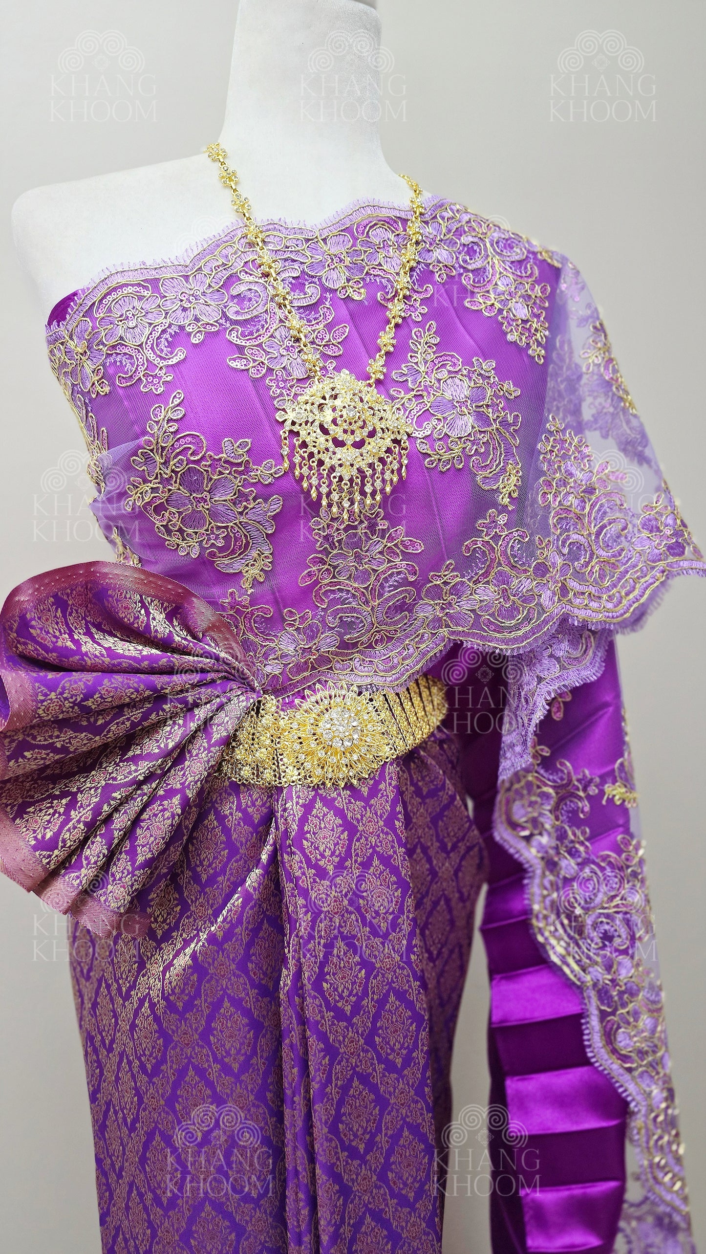 Violet Thai Traditional Wrap Skirt & Layered Sabai Set