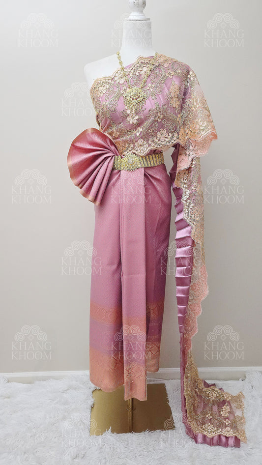 Pink Mauve Thai Traditional Wrap Skirt & Layered Sabai Set