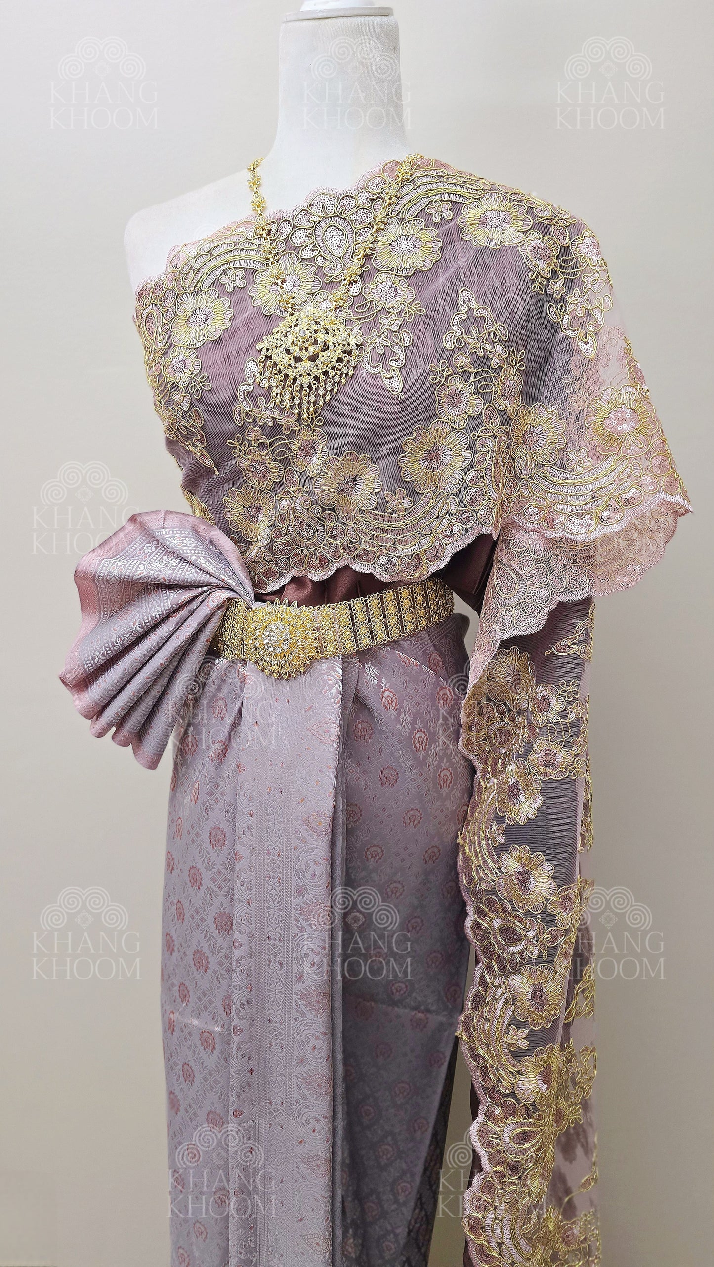 Brown Muave Thai Traditional Wrap Skirt & Layered Sabai Set