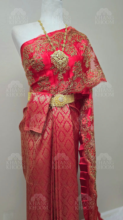 Red Thai Traditional Wrap Skirt & Layered Sabai Set