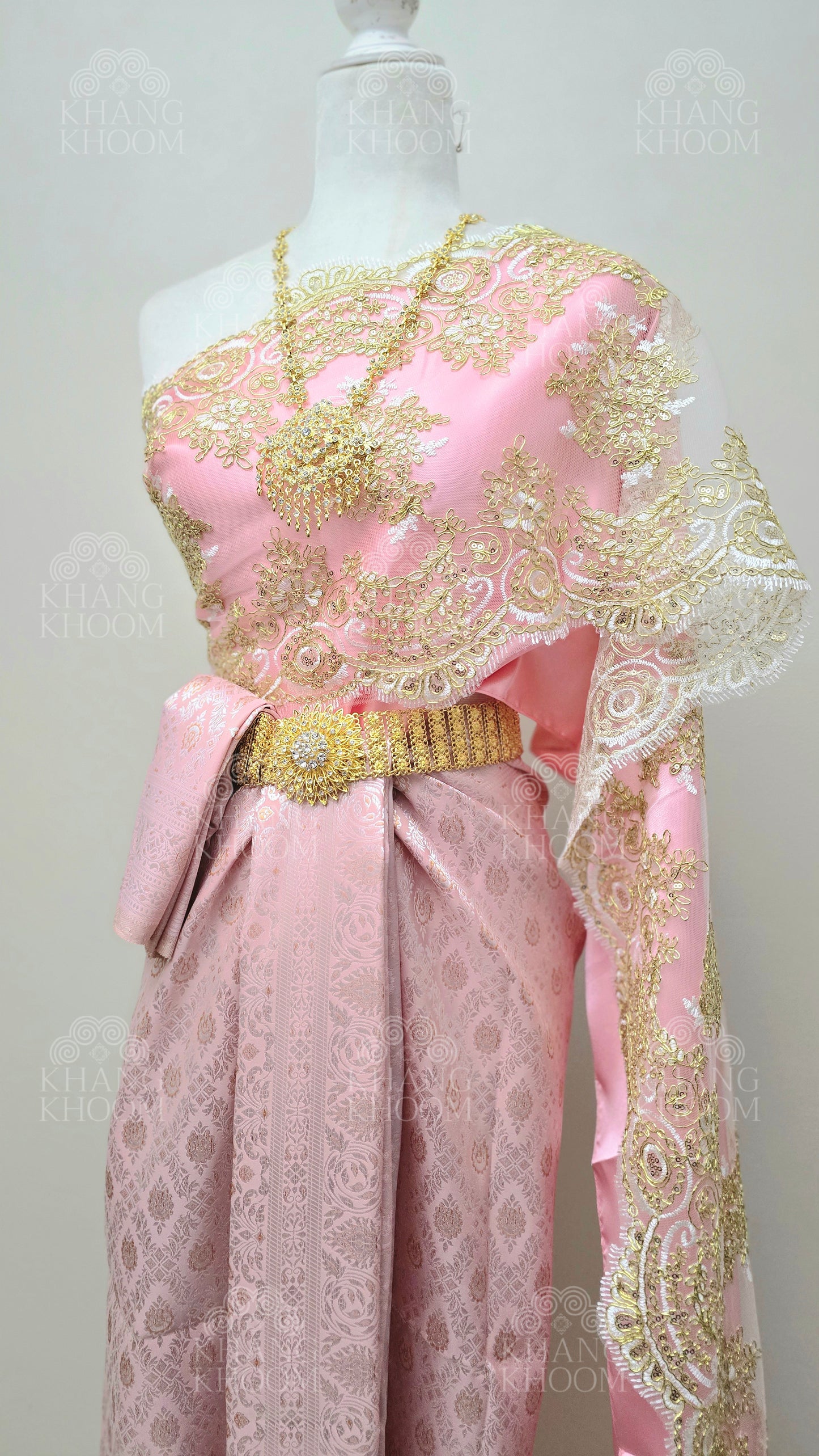 Pink Thai Traditional Wrap Skirt & Layered Sabai Set