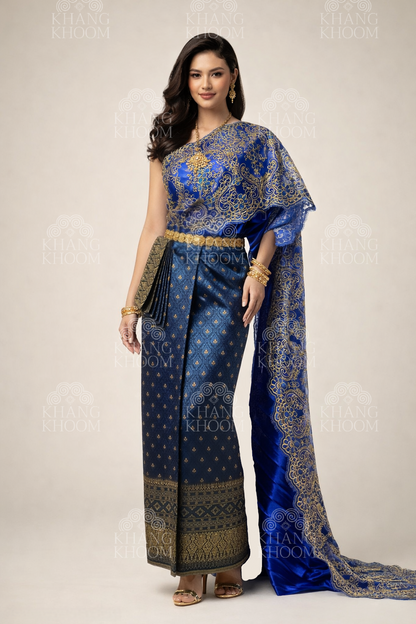 Blue and and Gold Thai Women Skirt Set