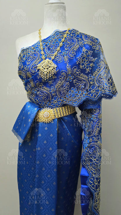 Blue Thai Traditional Wrap Skirt & Layered Sabai Set