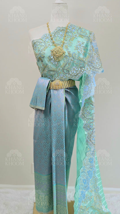 Aqua Turquoise Thai Traditional Wrap Skirt & Layered Sabai Set